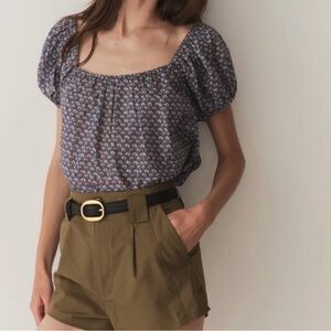 Doen Smocked Puff Sleeve Blouse in Blue and Tan